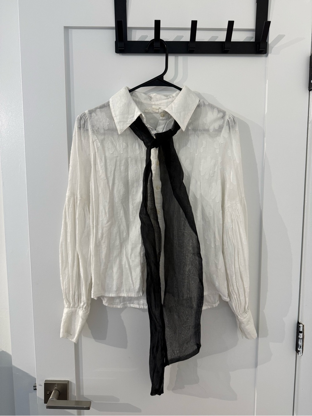 Anthropologie White Long-Sleeve Button Blouse with Black Neck Scarf